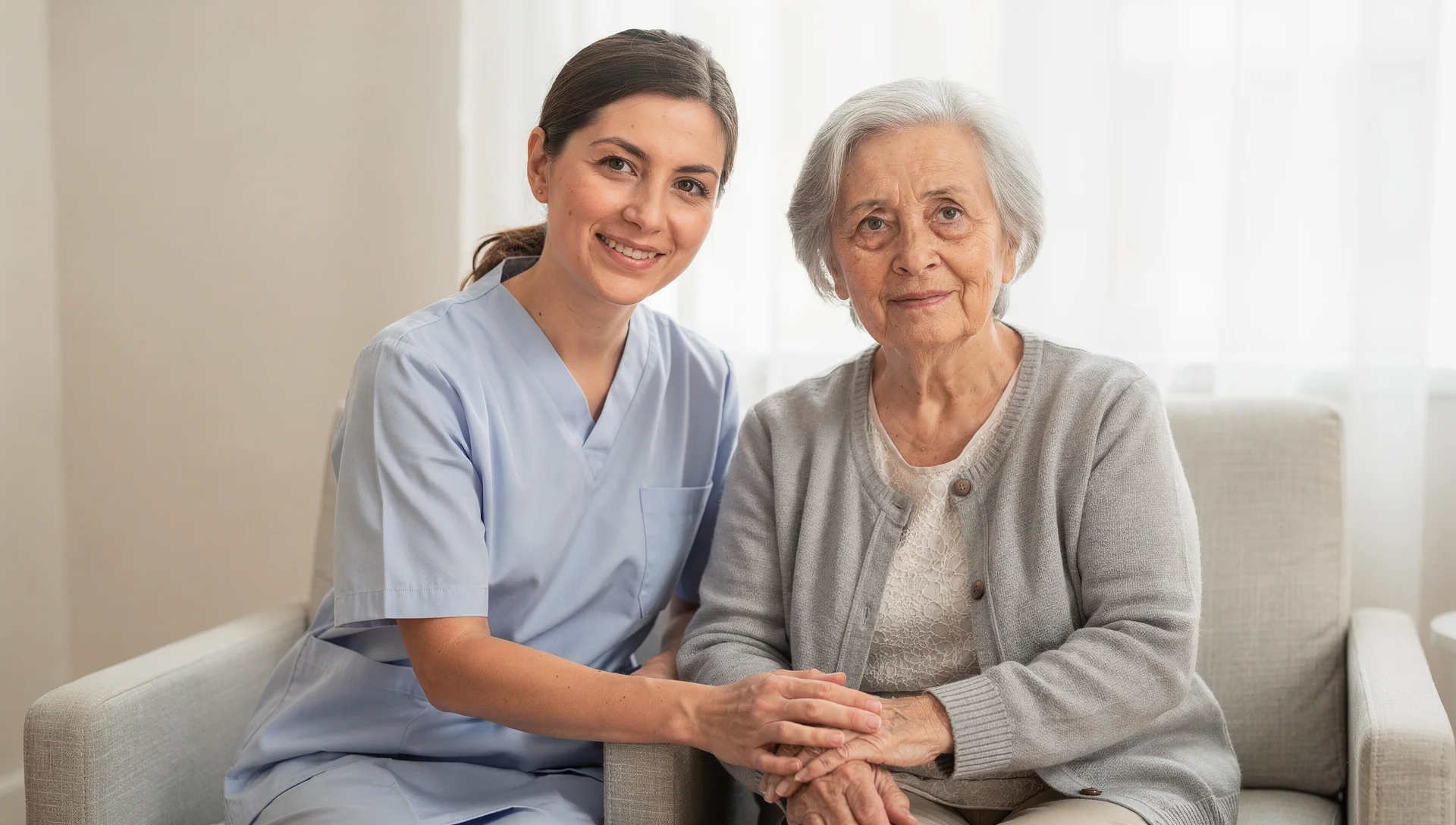 Pflegekraft hält die Hand einer älteren Patientin am Krankenbett. Würdevolle Begleitung am Lebensende.